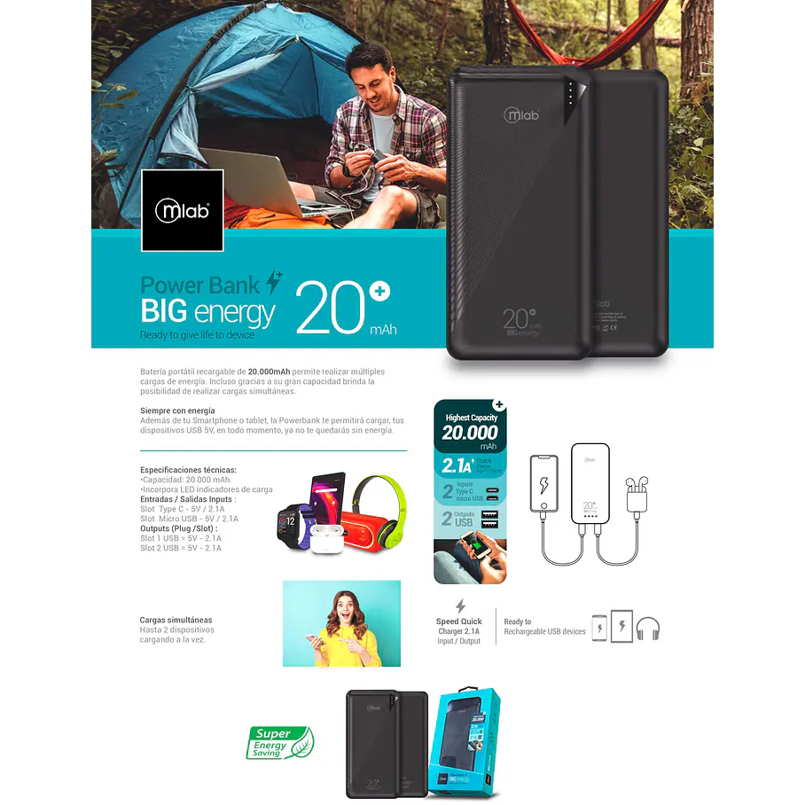 Cargador Batería portátil Power Bank BIG Energy 20.000 mAh 9221 MLAB 9