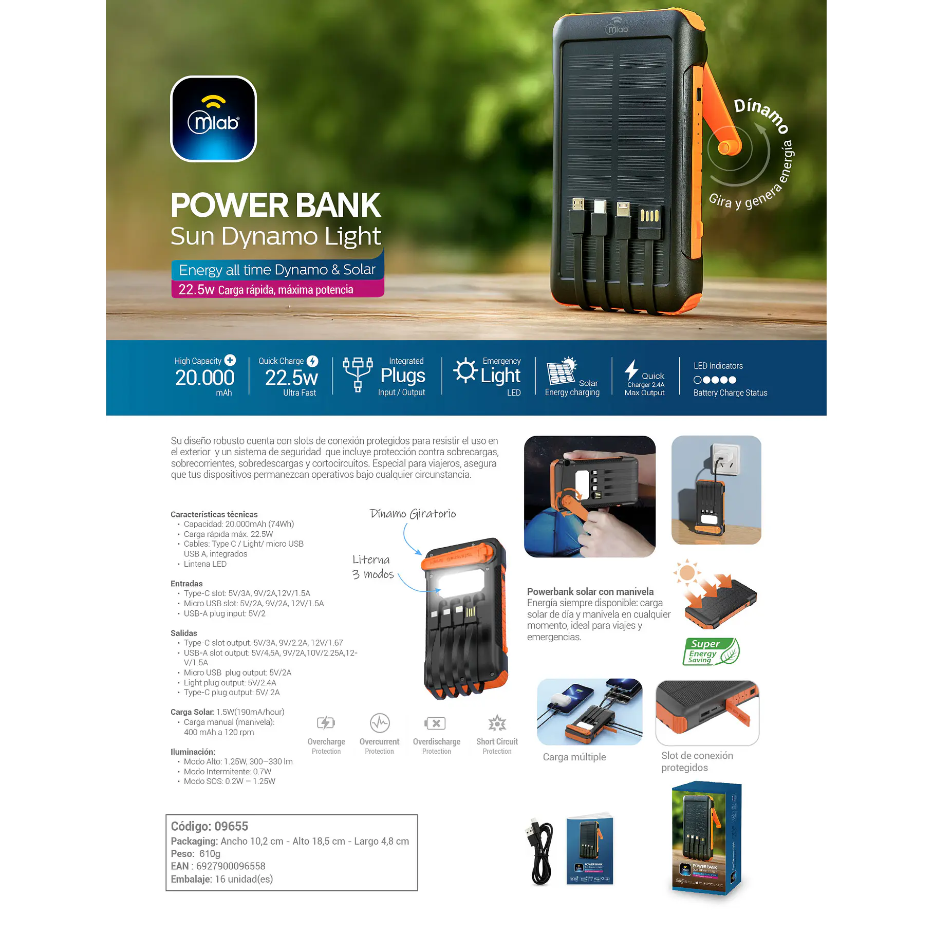 Cargador Portatil Power Bank Sun Dynamo Light 9655 Mlab Aventura 2000 mAh Con Carga Manual  6