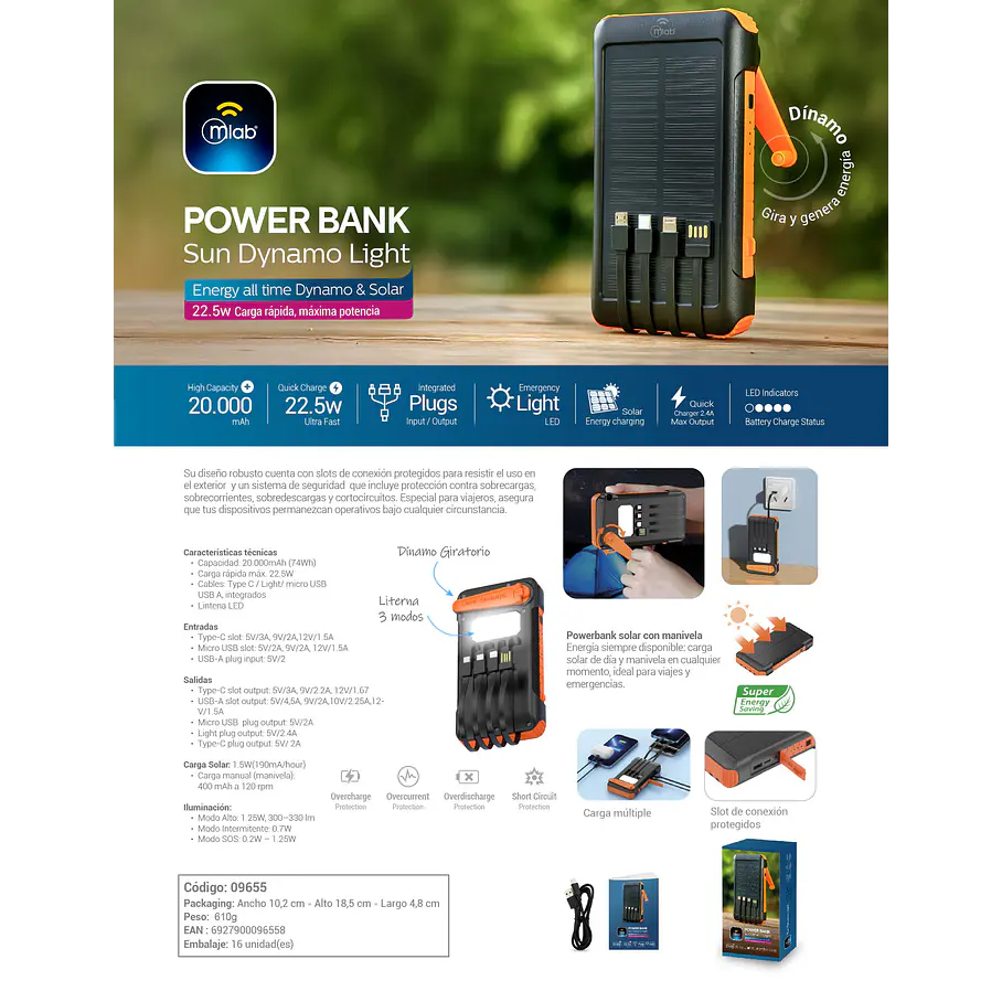 Cargador Portatil Power Bank Sun Dynamo Light 9655 Mlab Aventura 2000 mAh Con Carga Manual  6