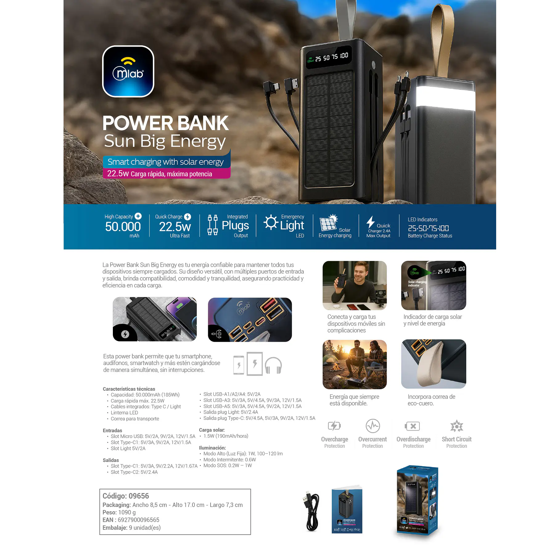 Cargador Portatil Solar Super Potente 5000 mAh Power Bank MLAB Sun Big Energy 9656 7 Puertos 4 Cables De Carga Multifuncional 3
