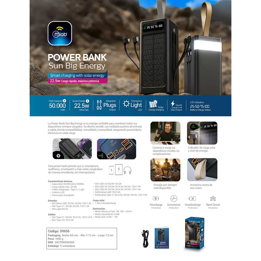 Cargador Portatil Solar Super Potente 5000 mAh Power Bank MLAB Sun Big Energy 9656 7 Puertos 4 Cables De Carga Multifuncional 3