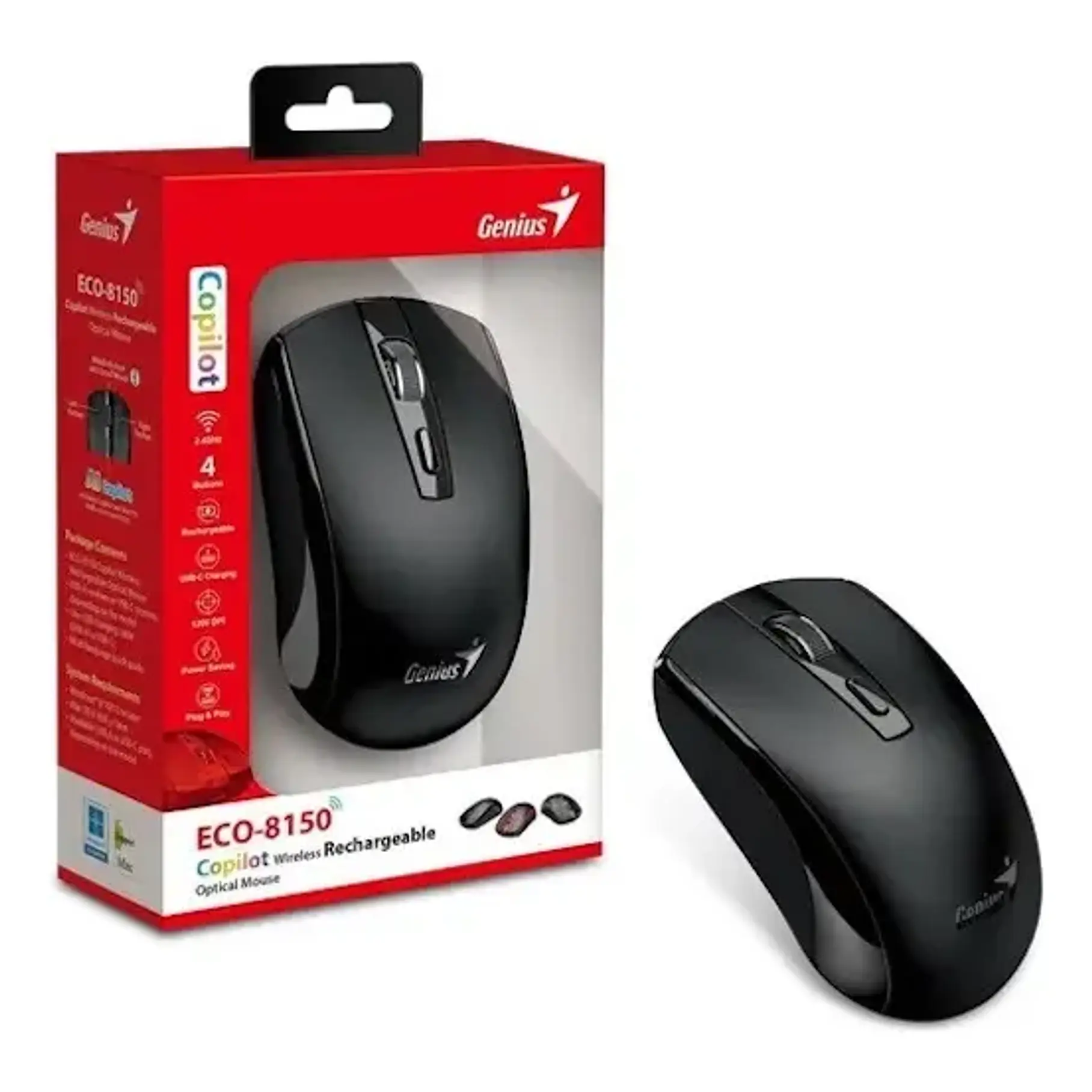 Mouse Genius Inalámbrico Eco - 8150 Recargable Gris/Negro/Rojo Copilot  8