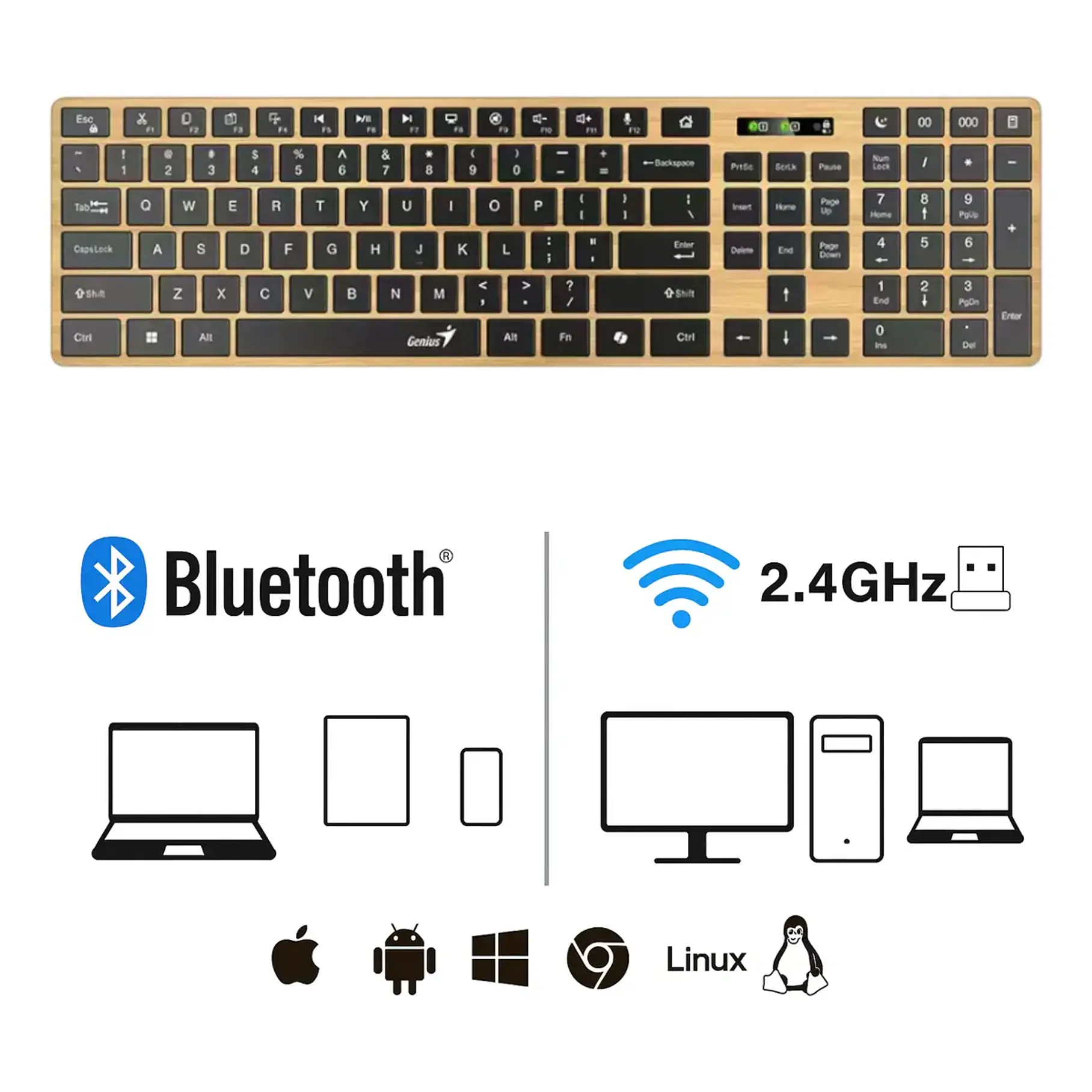 Teclado Genius Dual Wireless Bluetooth + Usb 2g Slimstar Copilot Ai T Wood Slim Star-7250BT 5