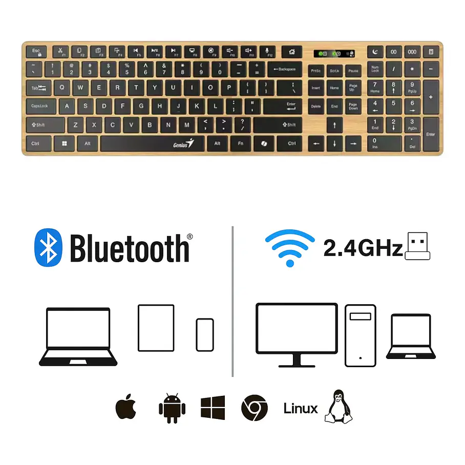 Teclado Genius Dual Wireless Bluetooth + Usb 2g Slimstar Copilot Ai T Wood Slim Star-7250BT 5