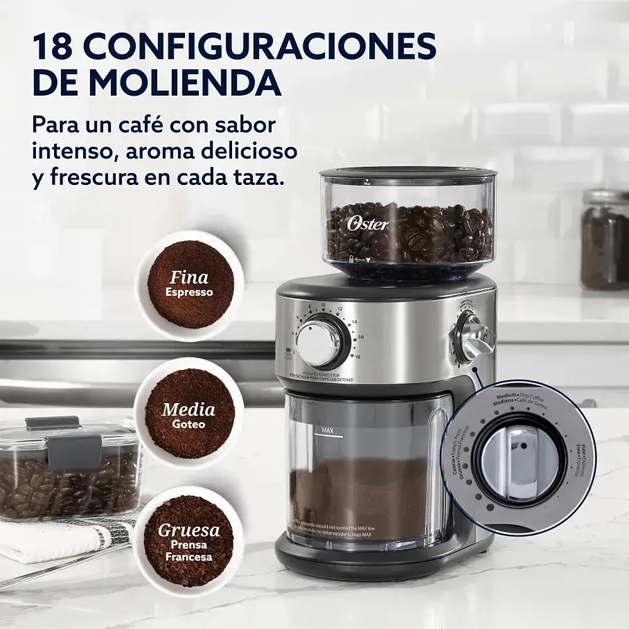 Molinillo Café Oster Automático De Muelas 18 Configuraciones Gris 6
