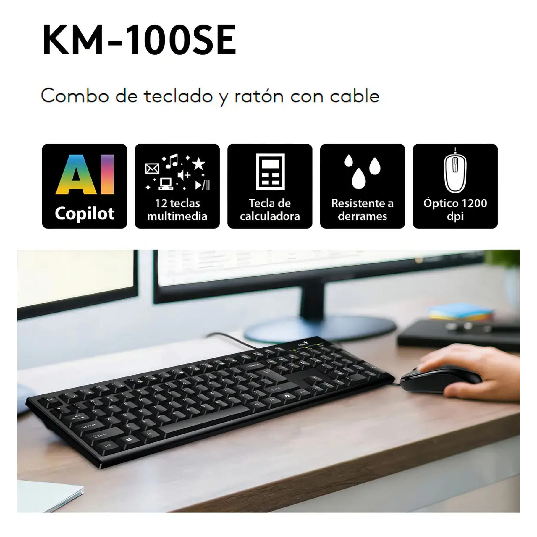 Kit Teclado y Mouse Genius KM-100SE Negro Para PC Con Cable USB 2