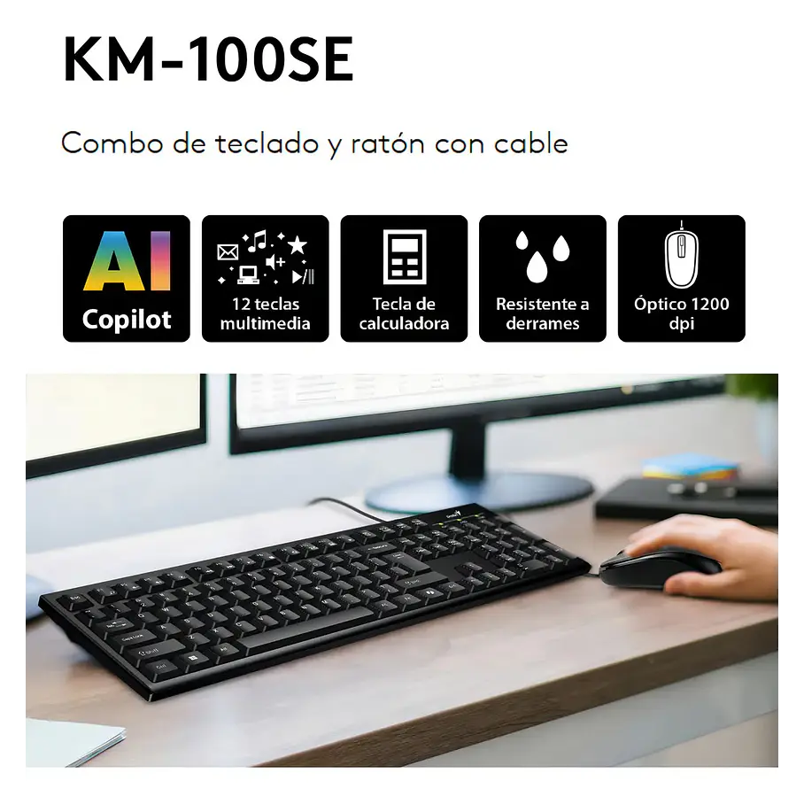 Kit Teclado y Mouse Genius KM-100SE Negro Para PC Con Cable USB 2