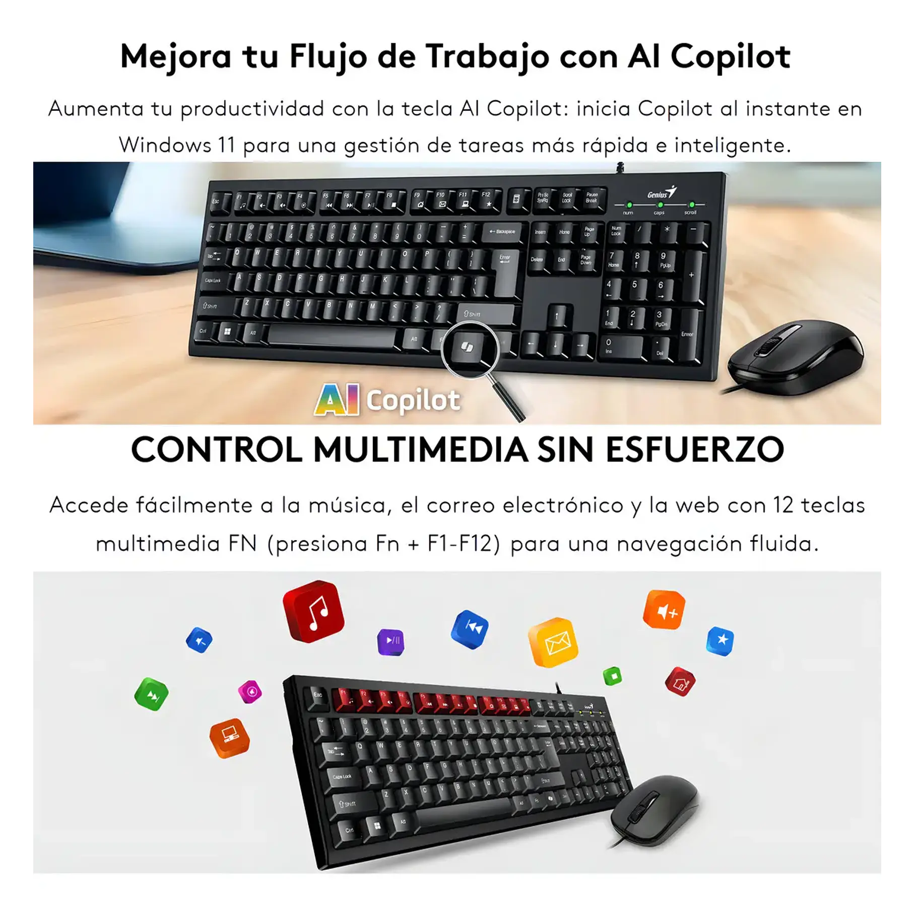 Kit Teclado y Mouse Genius KM-100SE Negro Para PC Con Cable USB 3
