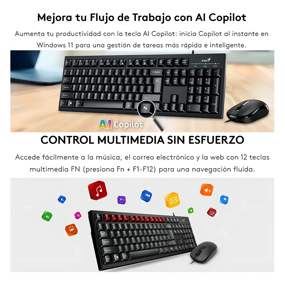 Kit Teclado y Mouse Genius KM-100SE Negro Para PC Con Cable USB 3