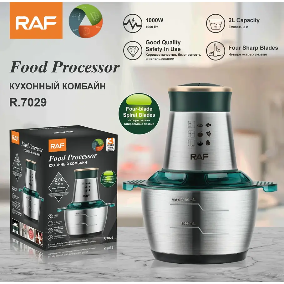 Procesador De Alimentos Raf 1000w 2l Acero Inoxidable 6