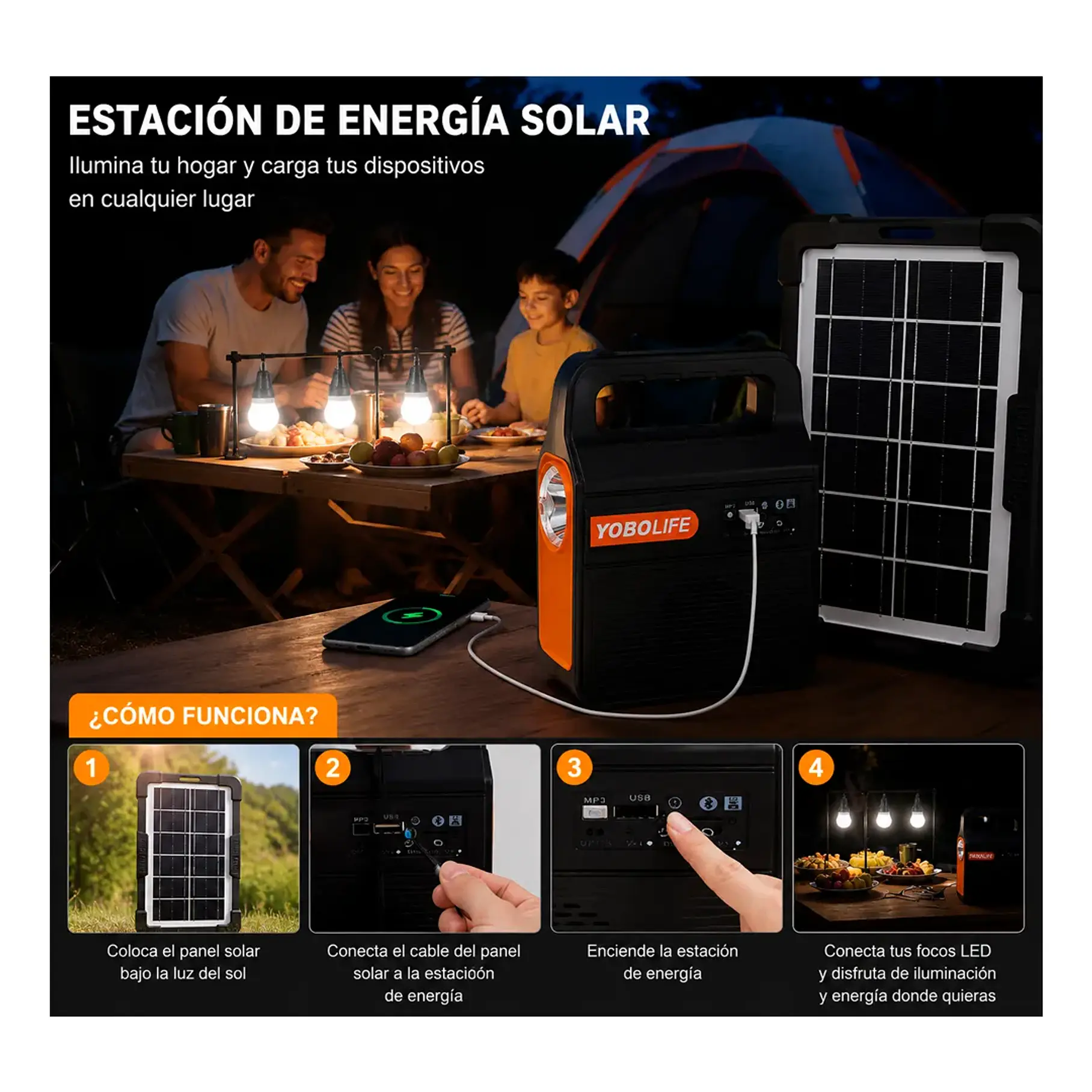Kit Emergencia Solar Luces Led Radio Recargable 3 Ampolletas Kit Camping Cargador De Celular Radio Panel Solar 2RL YOBOLIFE 8