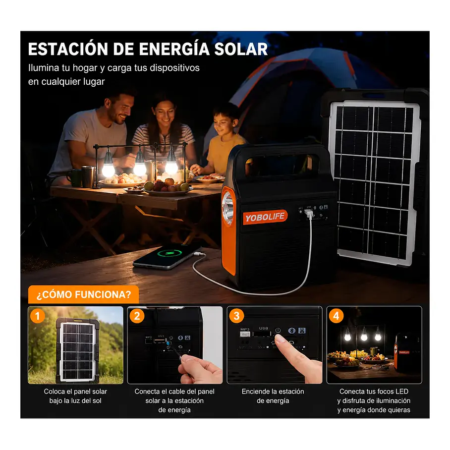 Kit Emergencia Solar Luces Led Radio Recargable 3 Ampolletas Kit Camping Cargador De Celular Radio Panel Solar 2RL YOBOLIFE 8