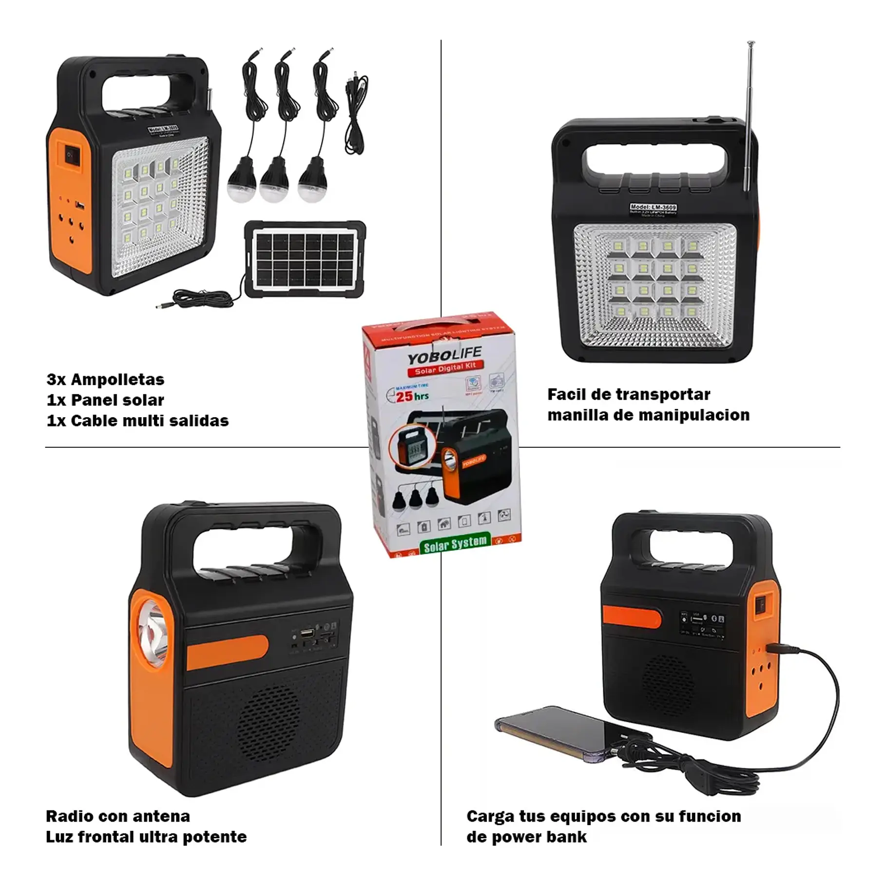 Kit Emergencia Solar Luces Led Radio Recargable 3 Ampolletas Kit Camping Cargador De Celular Radio Panel Solar 2RL YOBOLIFE 3