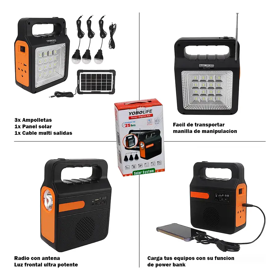 Kit Emergencia Solar Luces Led Radio Recargable 3 Ampolletas Kit Camping Cargador De Celular Radio Panel Solar 2RL YOBOLIFE 3