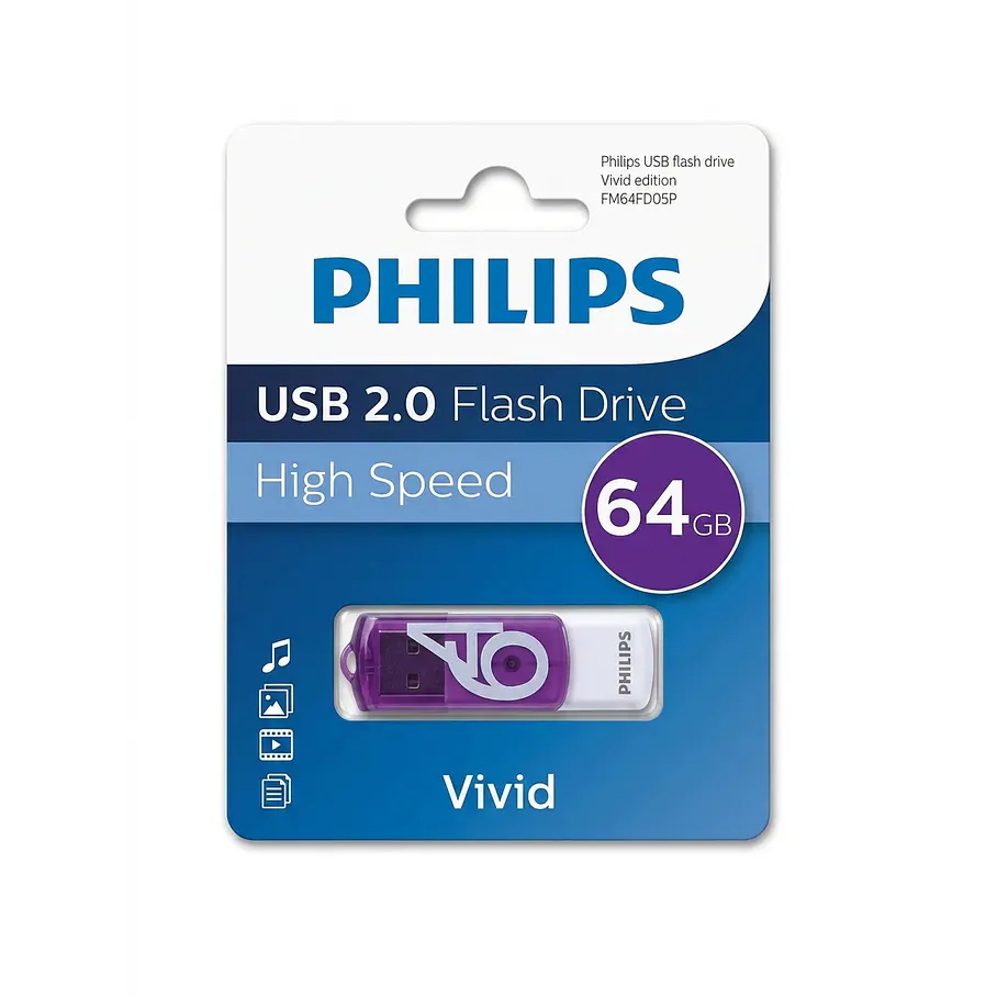 Pendrive Philips Vivid 64 GB USB Rápido Y Confiable USB 2.0 Color Morado High Speed 1
