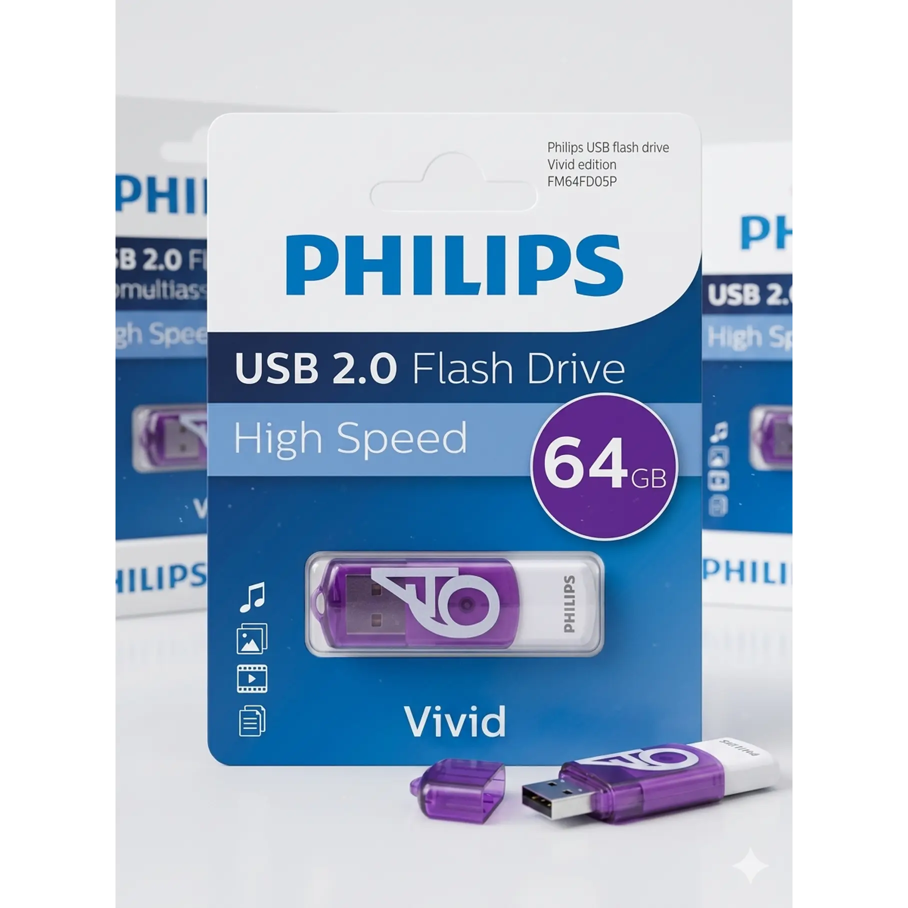 Pendrive Philips Vivid 64 GB USB Rápido Y Confiable USB 2.0 Color Morado High Speed 4