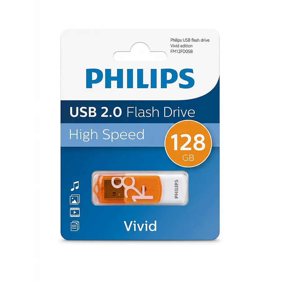 Pendrive Philips Vivid 128 GB USB Rápido Y Confiable USB 2.0 Color Naranja High Speed 1