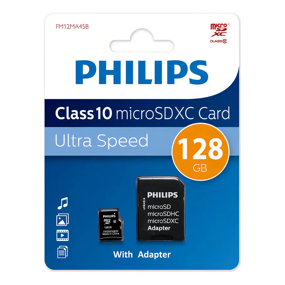 Tarjeta De Memoria Micro Sdxc Philips 128 Gb Clase 10 Con Adaptador Ultra Speed  1