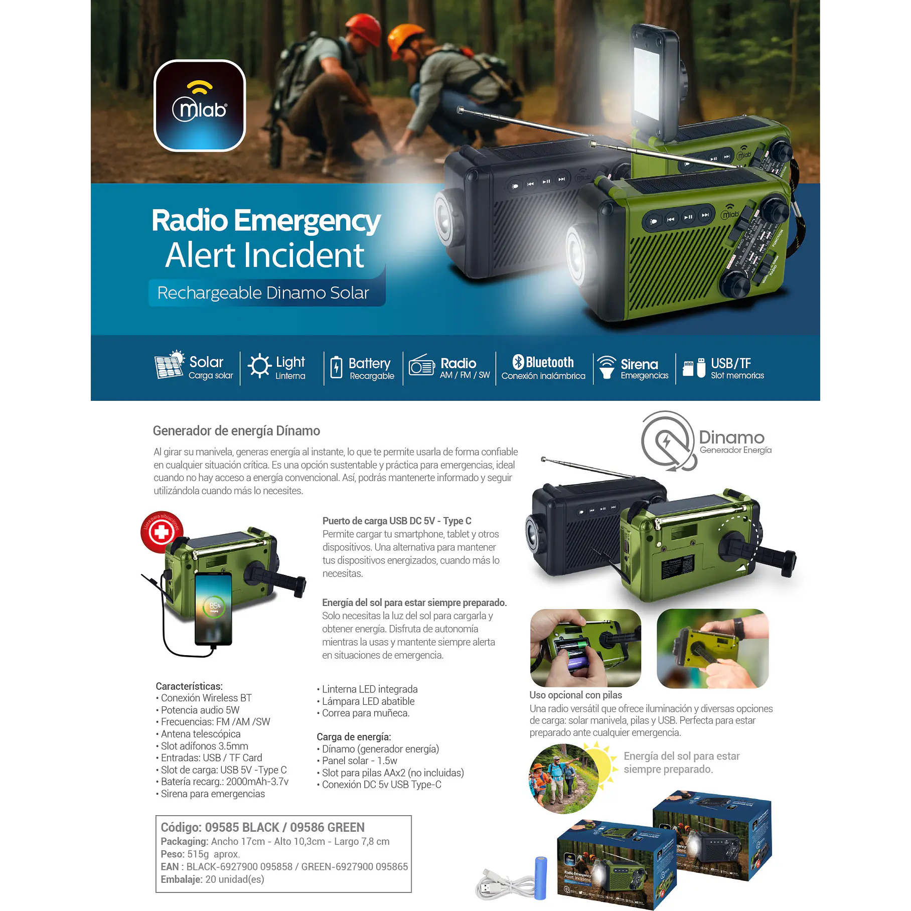 Radio Emergencia Alerta Incidente Recargable Dinamo Solar Color Negro 9585 8