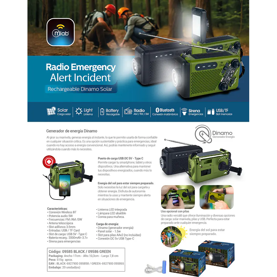 Radio Emergencia Alerta Incidente Recargable Dinamo Solar Color Negro 9585 8