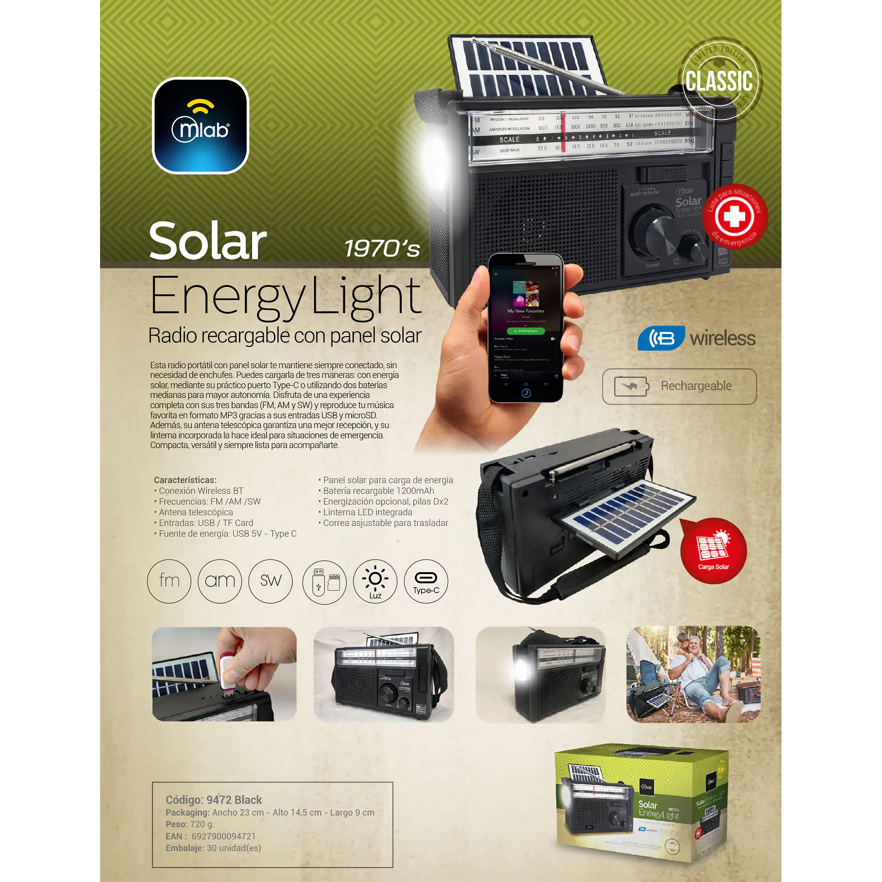 Radio Retro Recargable Bluetooth Solar Mlab 9472 Color Negro Solar EnergyLight 1970´s 9