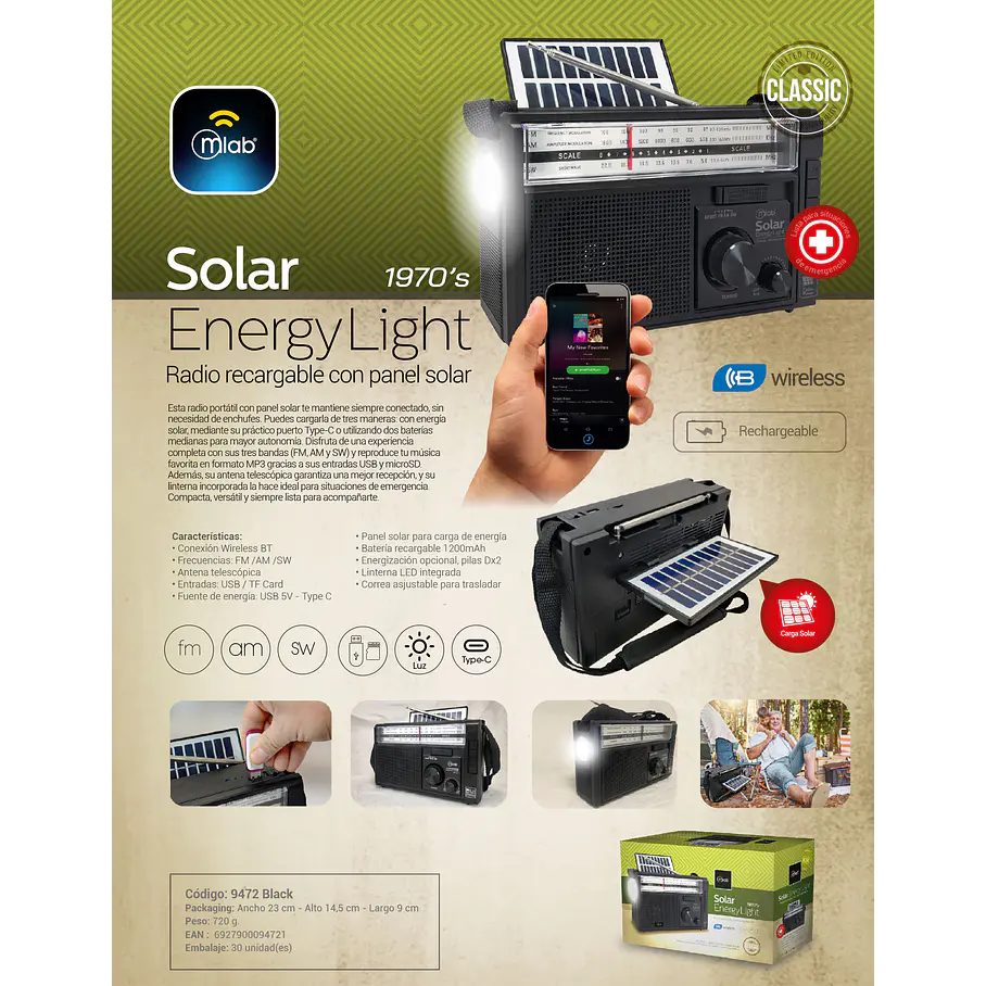 Radio Retro Recargable Bluetooth Solar Mlab 9472 Color Negro Solar EnergyLight 1970´s 9