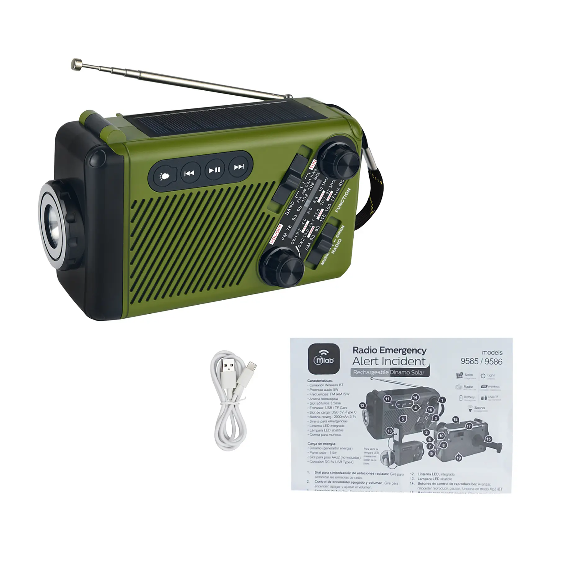 Radio Emergencia Alerta Incidente Recargable Dinamo Solar Color Verde 9586 4