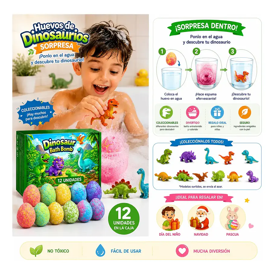 Pack x12 Bombas De Baño 12 Huevos Sorpresas Dinosaurios Bombas De Baño Juguete Viral 3