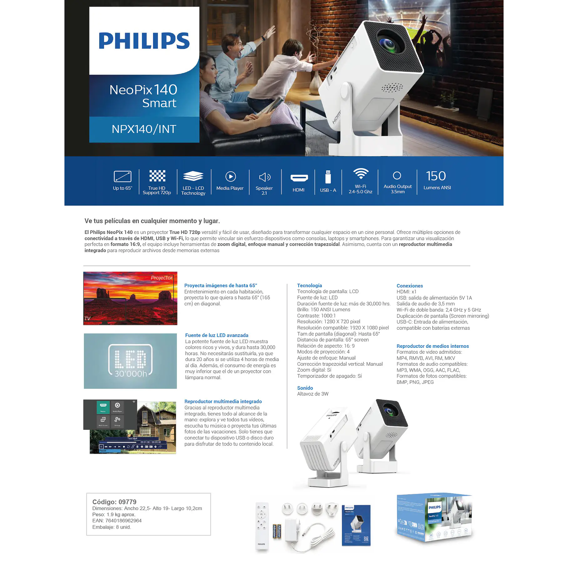 Proyector Philips Neopix 140 Smart Hd 720p Wifi Blanco Proyector Professional 6