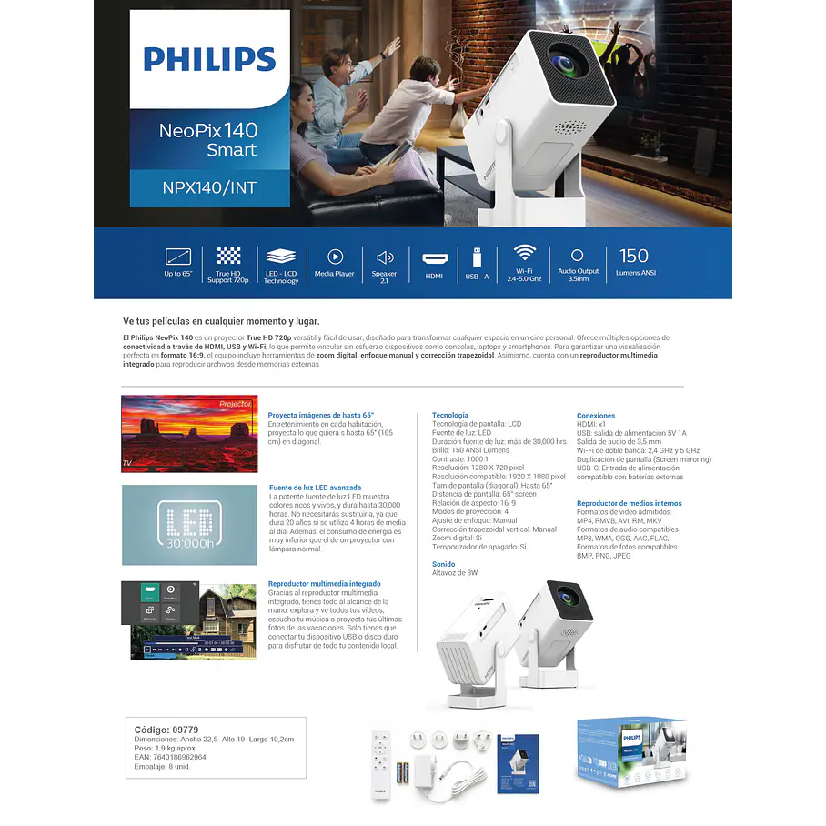 Proyector Philips Neopix 140 Smart Hd 720p Wifi Blanco Proyector Professional 6