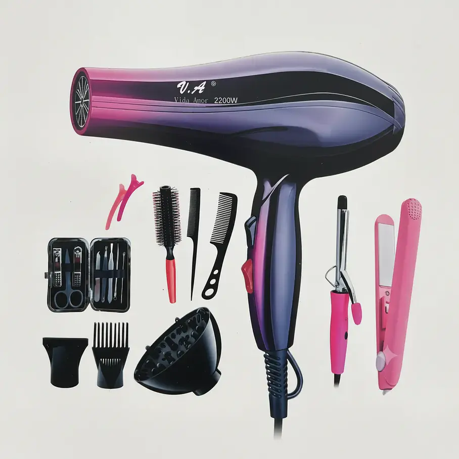 Set Kit De Belleza 10 En 1 Secador De Pelo 2200W Plancha Y Ondulador Manicura Pedicura Cepillos Peines  3