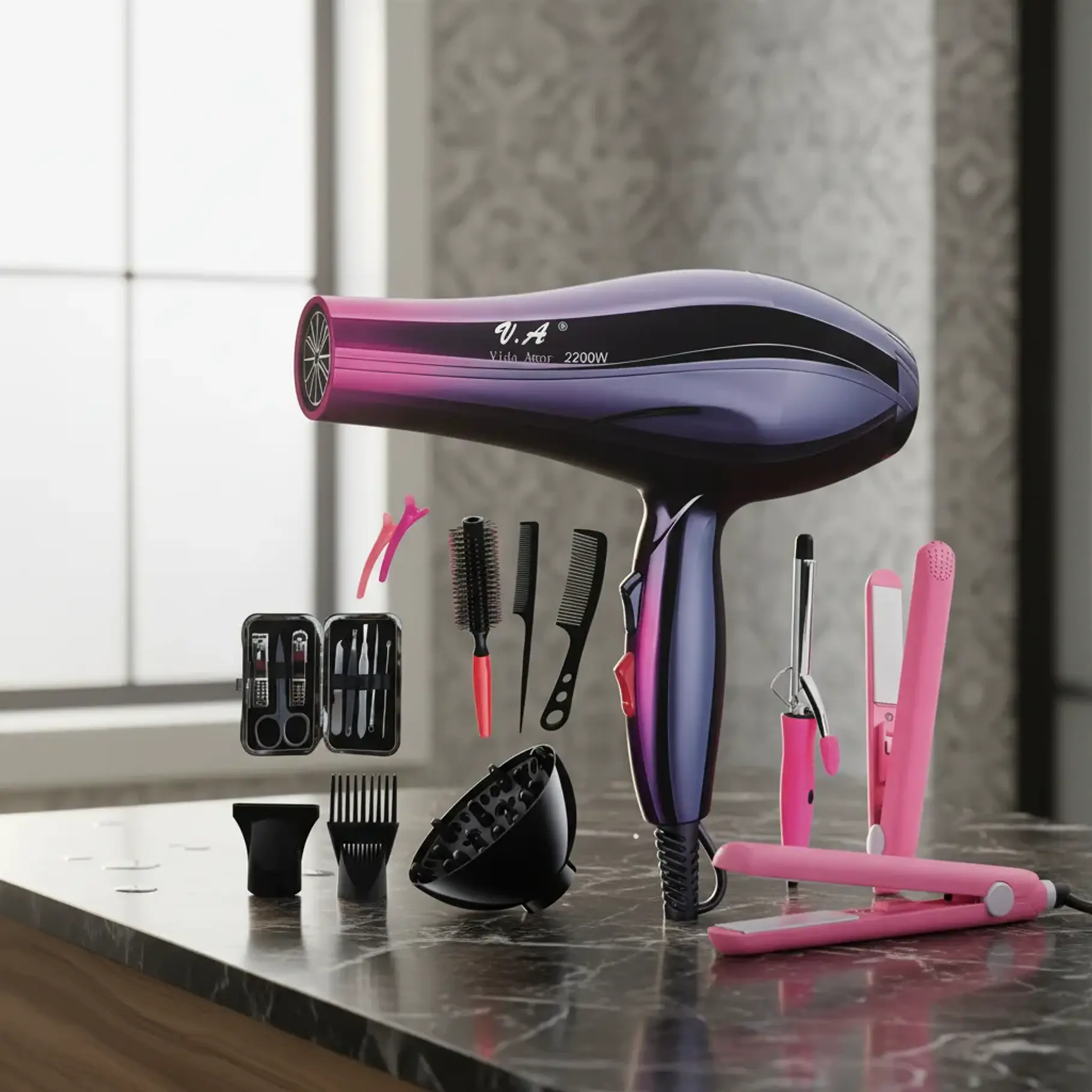 Set Kit De Belleza 10 En 1 Secador De Pelo 2200W Plancha Y Ondulador Manicura Pedicura Cepillos Peines  6
