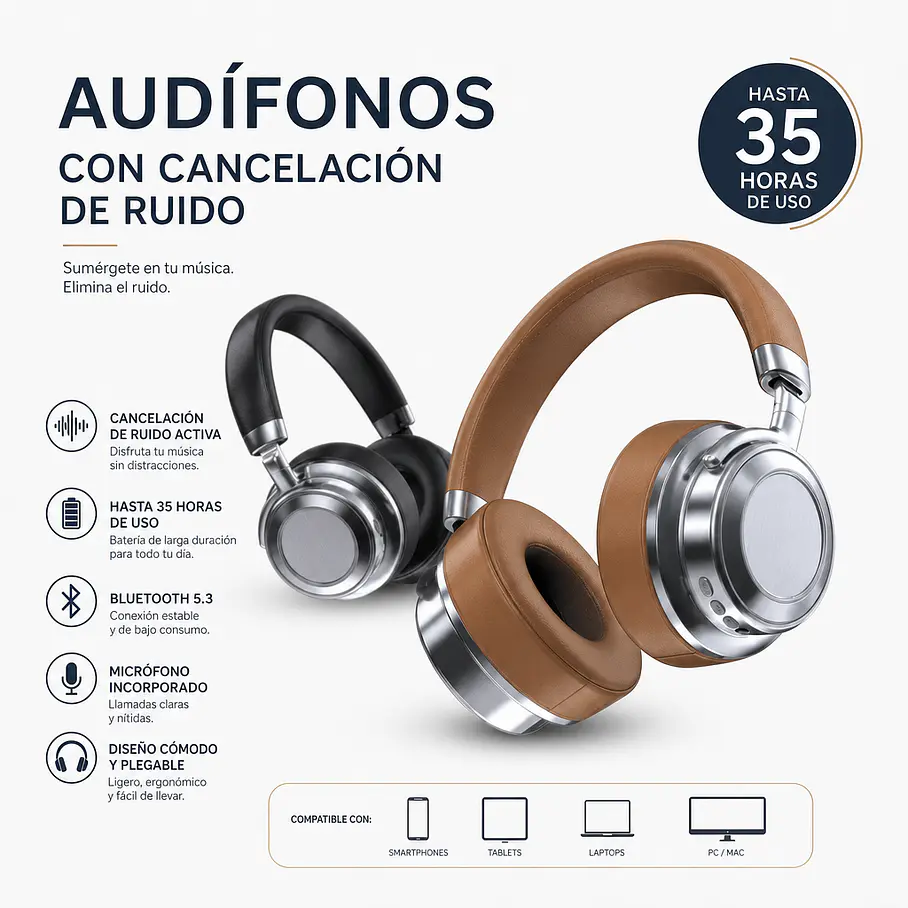 Audifonos Auricular Cancelacion De Ruido Bluetooth ABS V5.4 HiFi On-Ear y Over-Ear con ANC 35H BW96 4