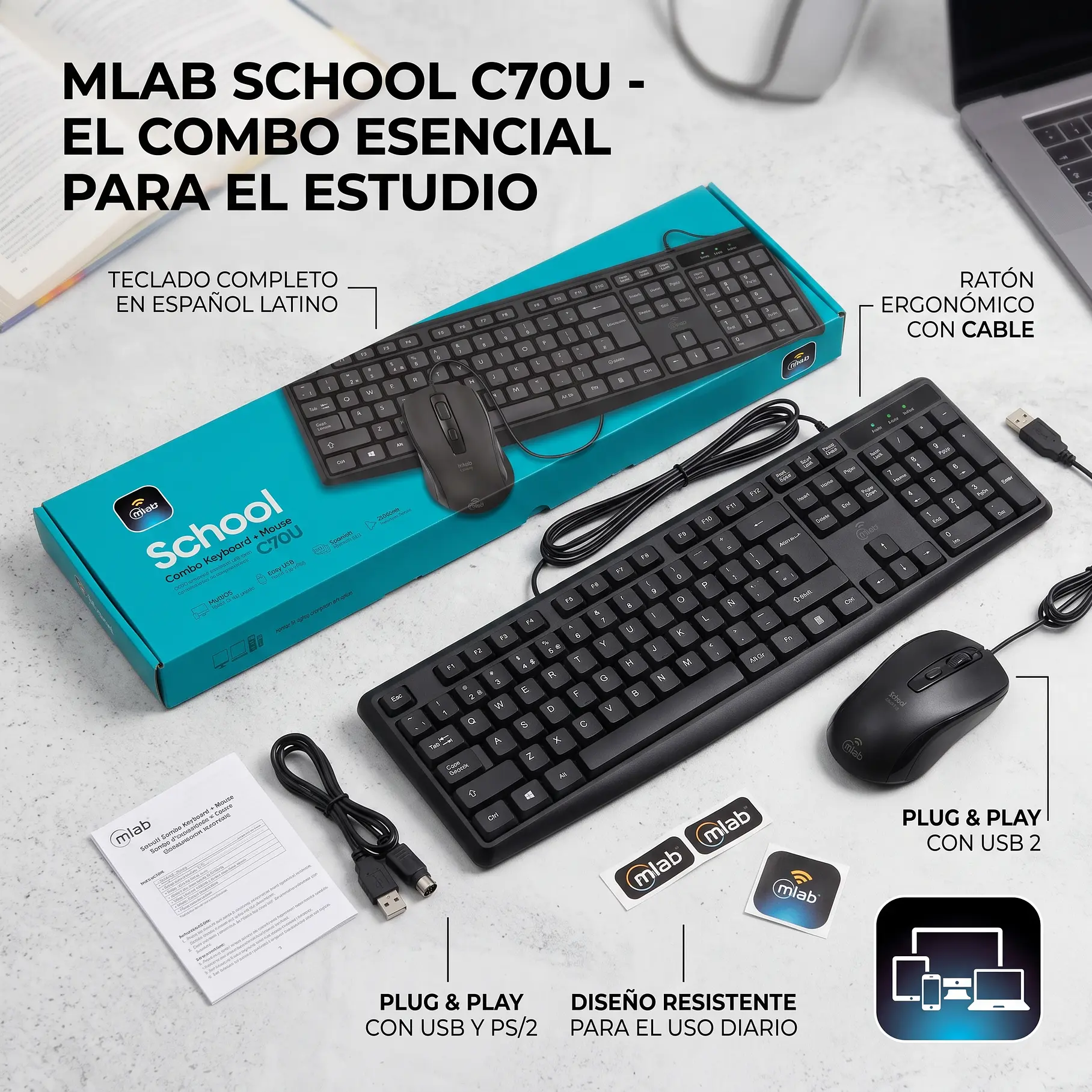 Teclado Con Mouse School – Keyboard + Mouse Combo PC Accesorios C70U 9737 Mlab 2RL  5