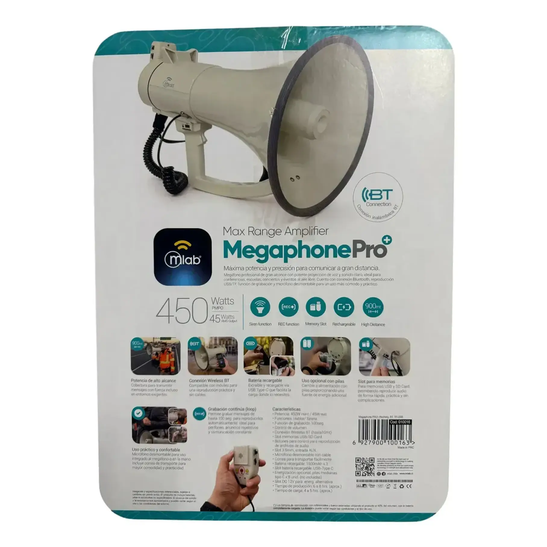 Megafono Super Potente Recargable 45w RMS 450w PMPO Sirena Graba Voz Recargable Blanco 10016 2RL MLAB Potencia Megafono Altavoz Bomberos Escuelas Reproduccion Wireless Bluetooth 5