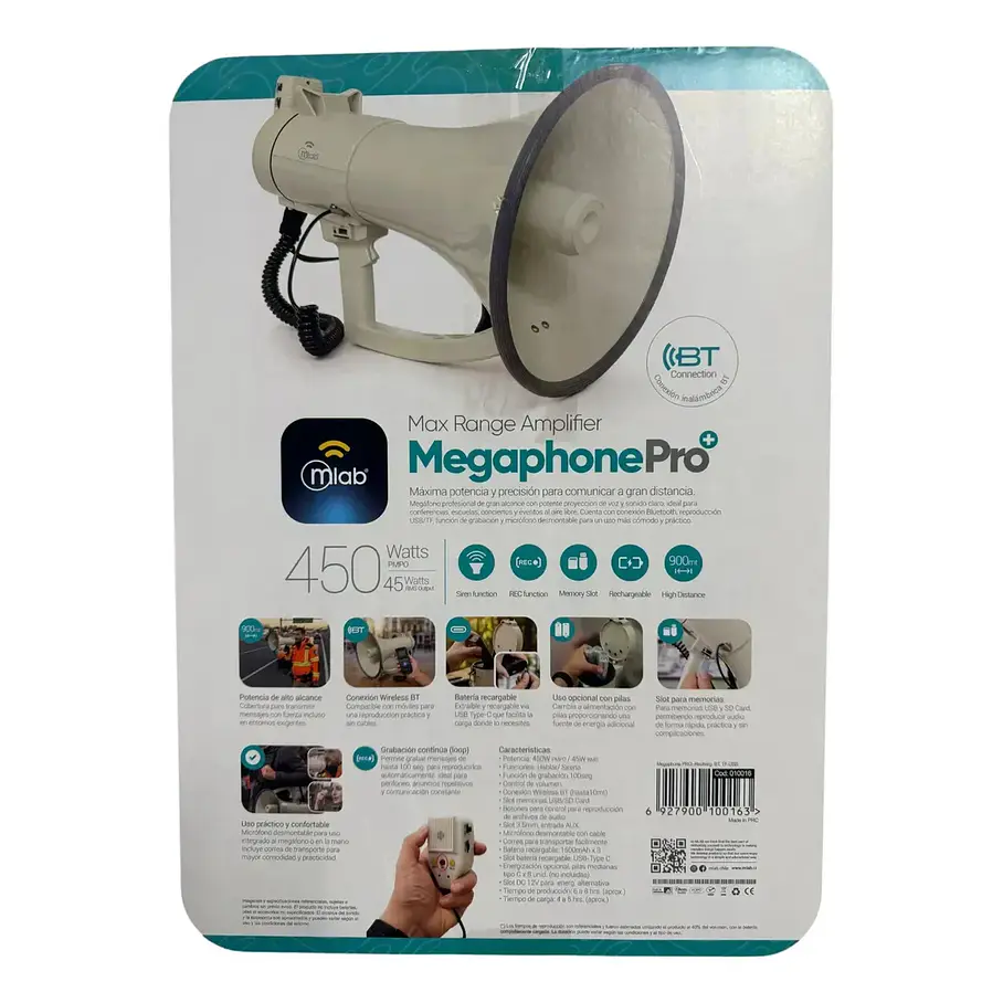 Megafono Super Potente Recargable 45w RMS 450w PMPO Sirena Graba Voz Recargable Blanco 10016 2RL MLAB Potencia Megafono Altavoz Bomberos Escuelas Reproduccion Wireless Bluetooth 5