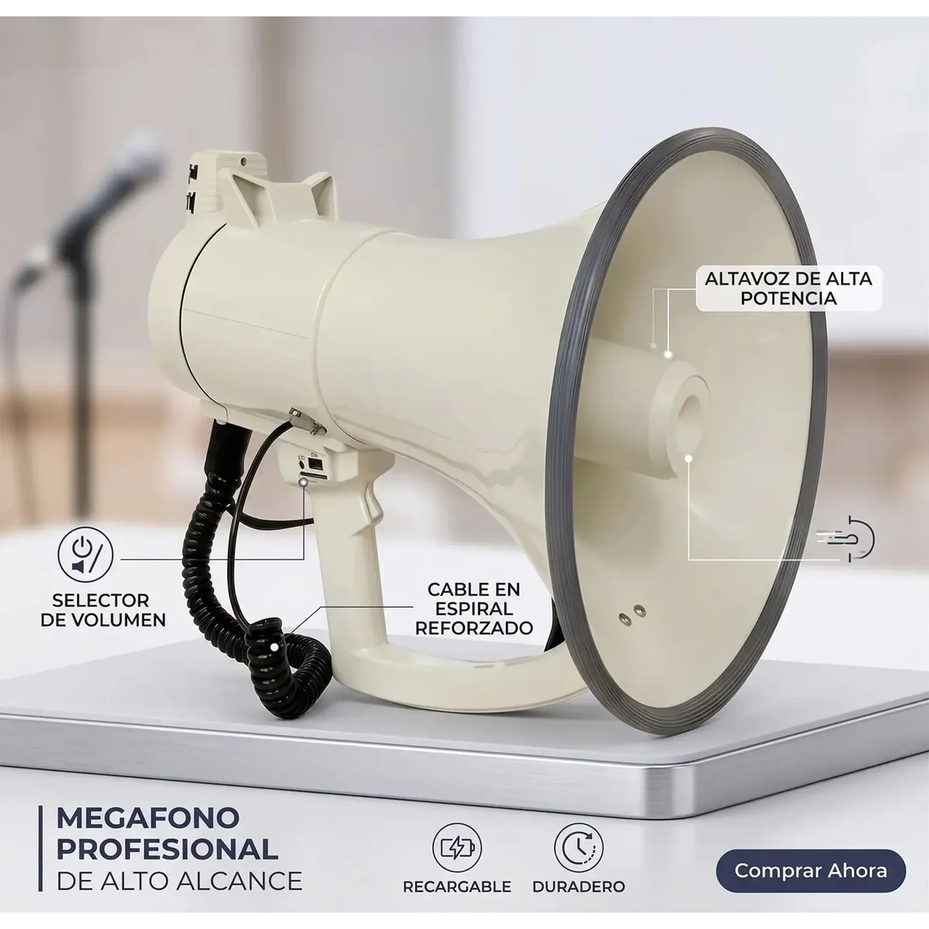 Megafono Super Potente Recargable 45w RMS 450w PMPO Sirena Graba Voz Recargable Blanco 10016 2RL MLAB Potencia Megafono Altavoz Bomberos Escuelas Reproduccion Wireless Bluetooth 7