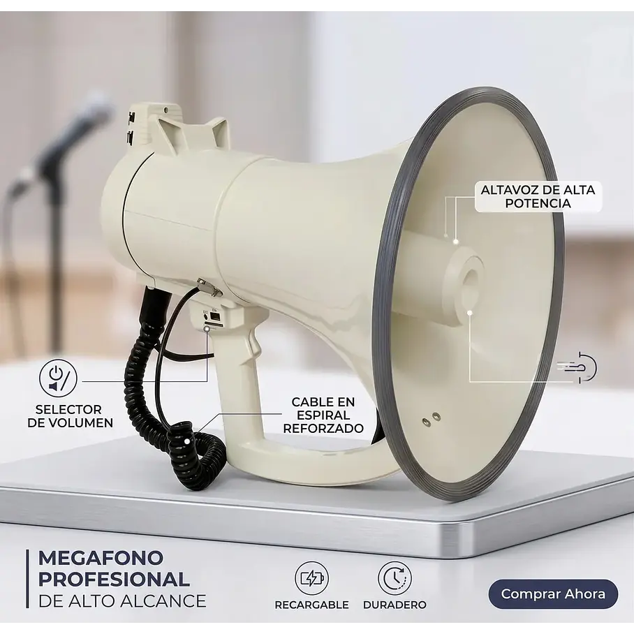 Megafono Super Potente Recargable 45w RMS 450w PMPO Sirena Graba Voz Recargable Blanco 10016 2RL MLAB Potencia Megafono Altavoz Bomberos Escuelas Reproduccion Wireless Bluetooth 7