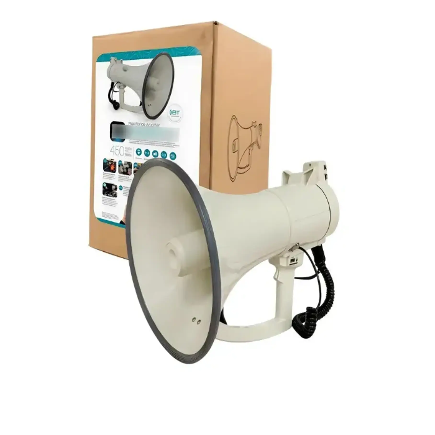 Megafono Super Potente Recargable 45w RMS 450w PMPO Sirena Graba Voz Recargable Blanco 10016 2RL MLAB Potencia Megafono Altavoz Bomberos Escuelas Reproduccion Wireless Bluetooth 1