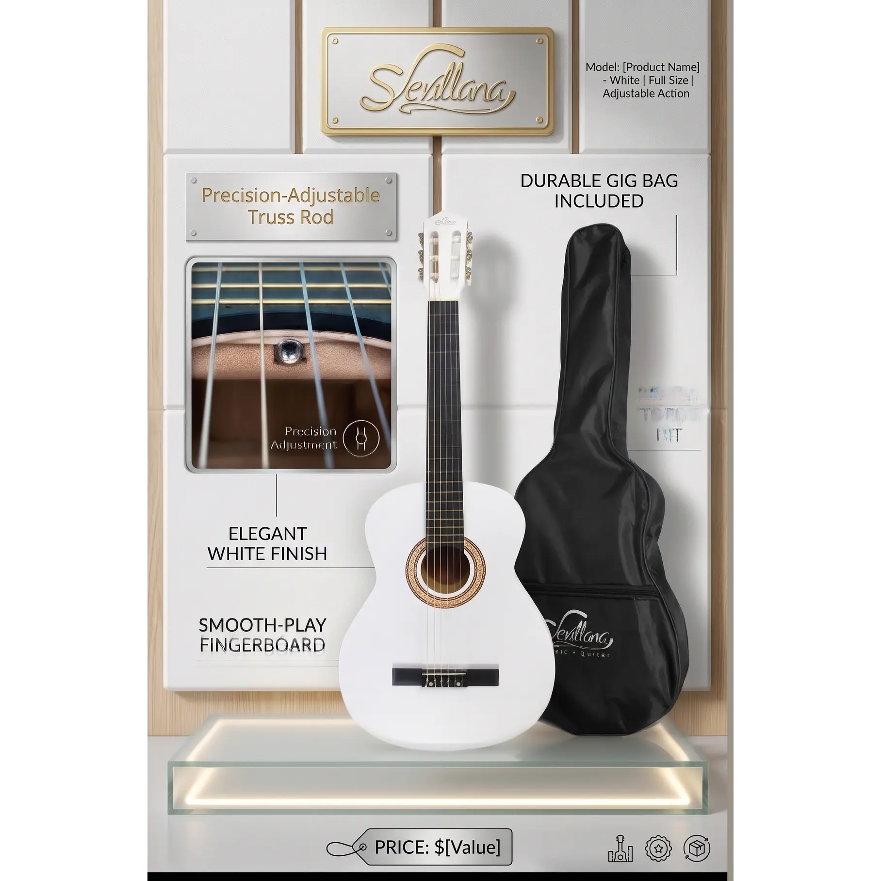 Guitarra Clásica Sevillana 6 Cuerdas Caoba Blanca Con Funda 39 Pulgadas 3