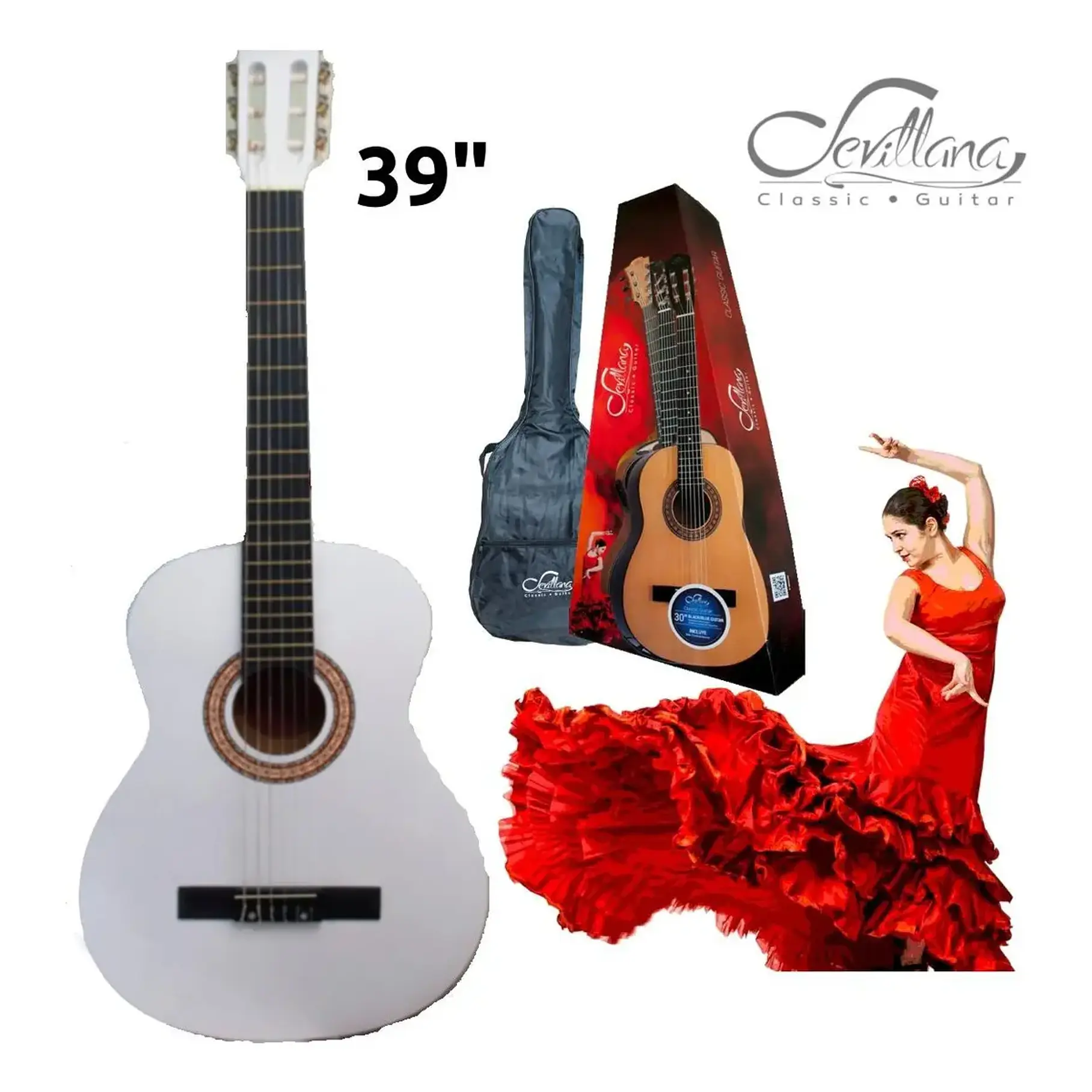 Guitarra Clásica Sevillana 6 Cuerdas Caoba Blanca Con Funda 39 Pulgadas 4