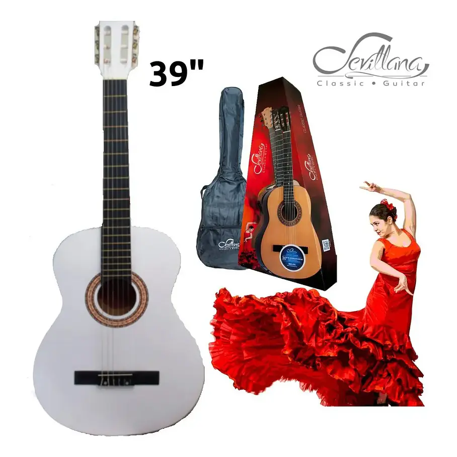 Guitarra Clásica Sevillana 6 Cuerdas Caoba Blanca Con Funda 39 Pulgadas 4