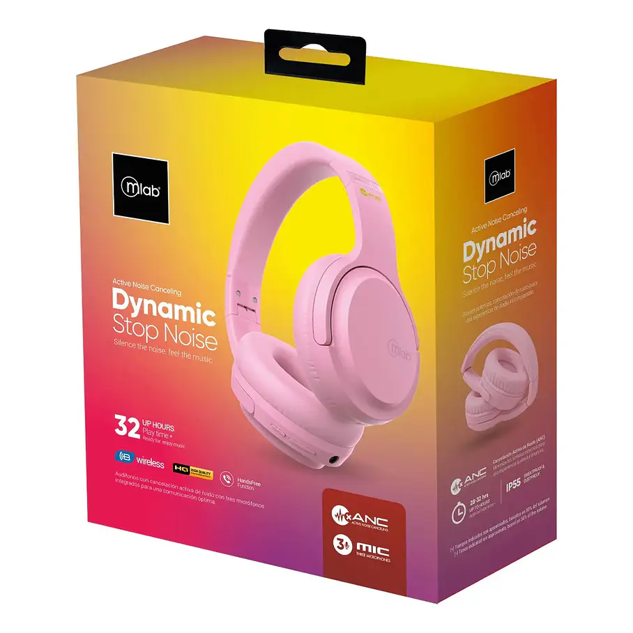 Audífonos Cancelación De Ruido Dynamic Stop Noise Bluetooth Mlab 32hrs Negro/Rosa/Blanco 12