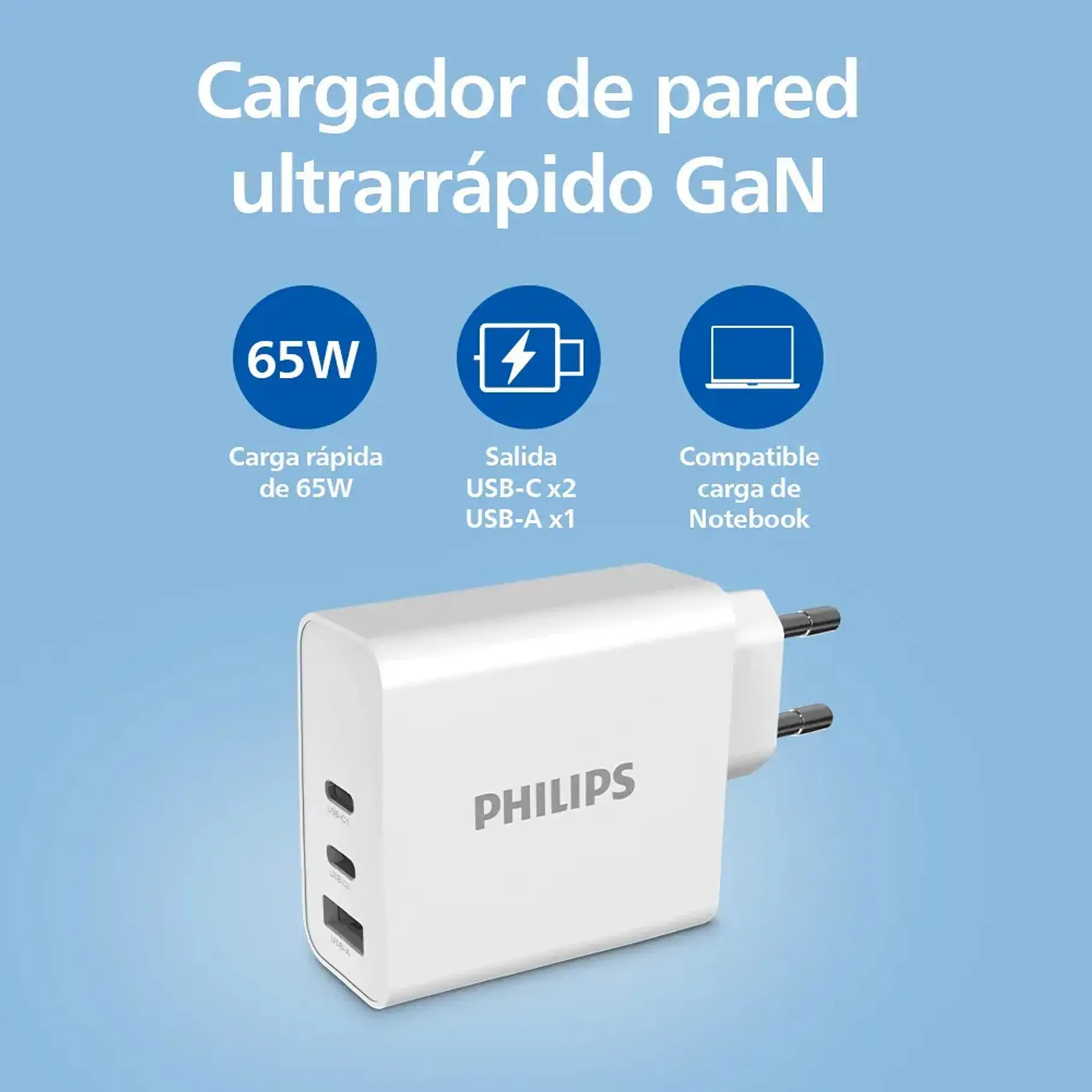 Cargador Philips Ultra Rápido Gan 65 W 2 Usb-c 1 Usb-a Color Blanco 4