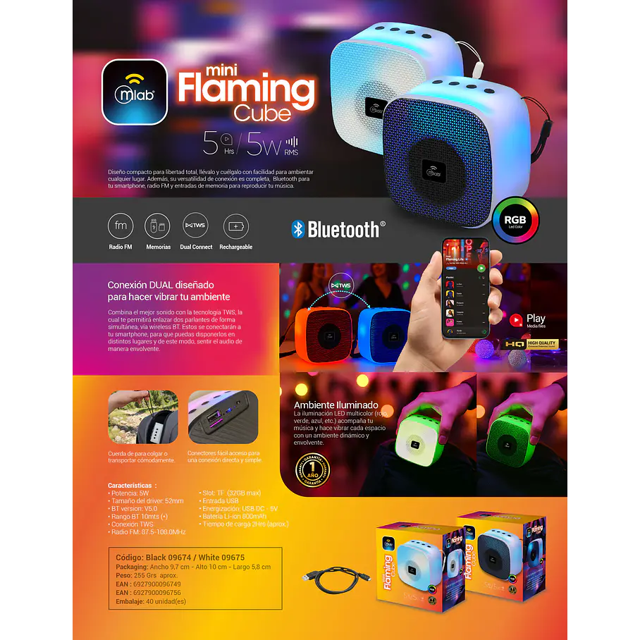 Parlante Portatil RGB Con Porta Celular – Mini Flaming Cube – White/Black 9