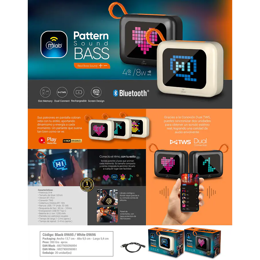 Parlante Portatil Pattern Sound BASS – Black/White Colores Blanco y Negro Conexion TWS Pantalla Dinamica 5