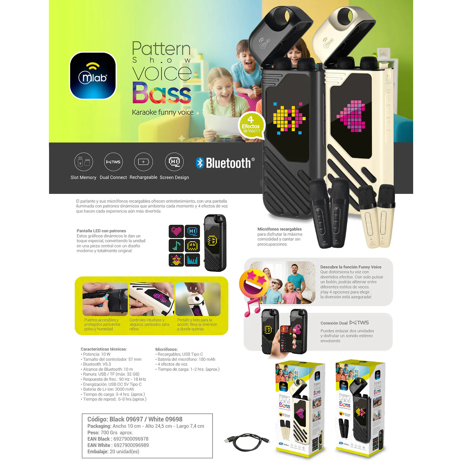 Parlante Portatil Voz Karaoke 2 Microfonos Parlante Divertido Voz Dinamica Efectos Pattern Show Voice Bass – Black/White 7