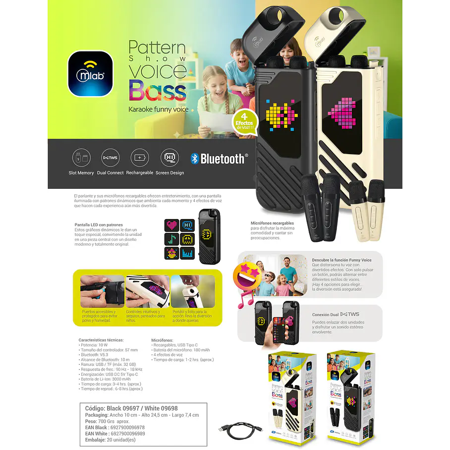 Parlante Portatil Voz Karaoke 2 Microfonos Parlante Divertido Voz Dinamica Efectos Pattern Show Voice Bass – Black/White 7