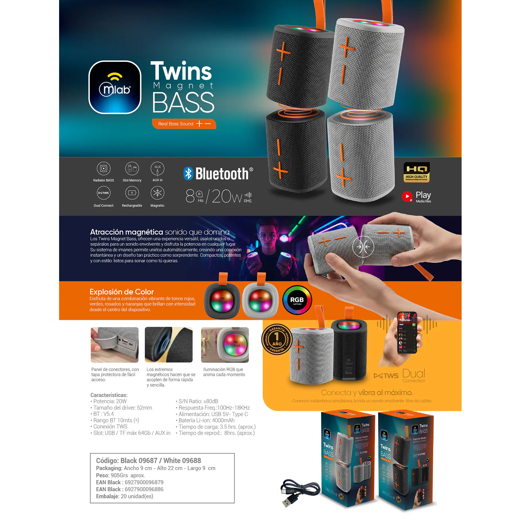 Parlante Portatil Duos 2 en 1 Conexion TWS Twins Magnet BASS – Black/Gray Colores Negro Y Gris. 10