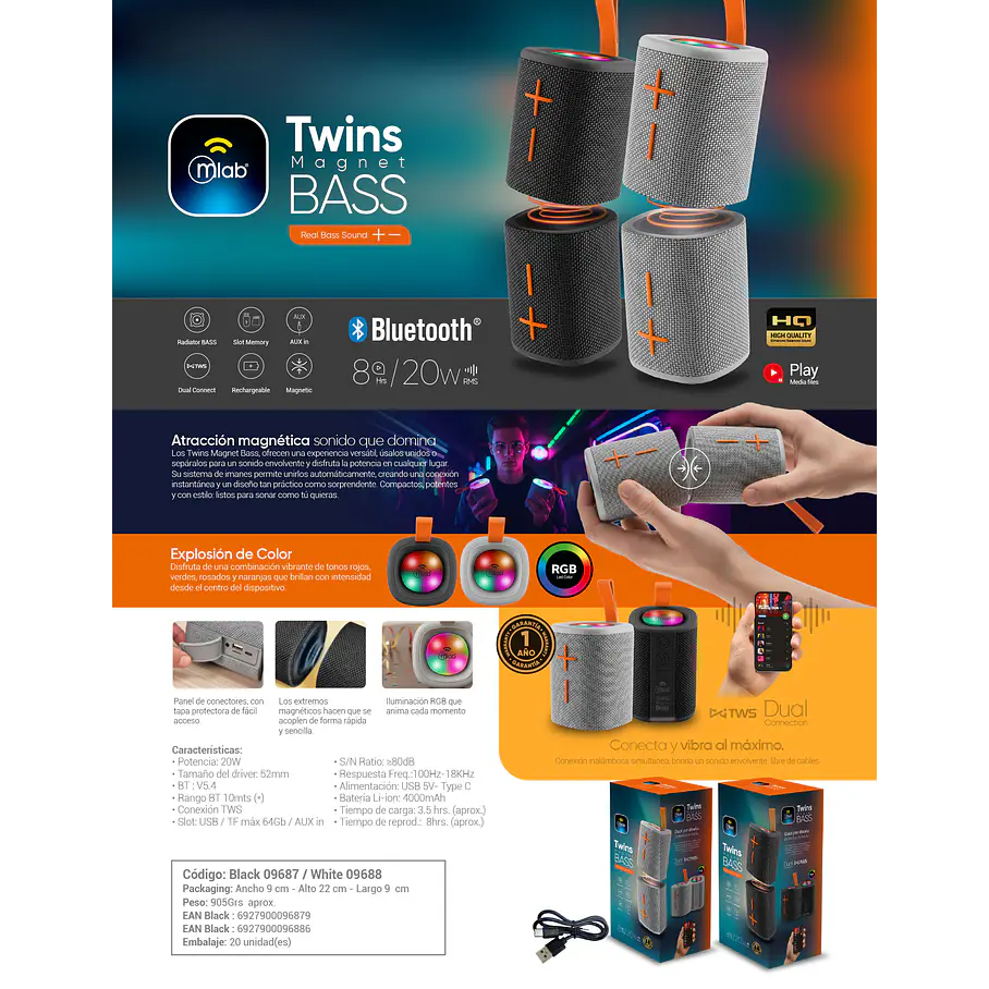 Parlante Portatil Duos 2 en 1 Conexion TWS Twins Magnet BASS – Black/Gray Colores Negro Y Gris. 10